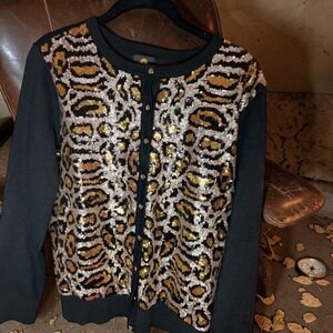JM Collection Womens Petite Large Leopard Sequin Cardigan Sweater Black Gold PL